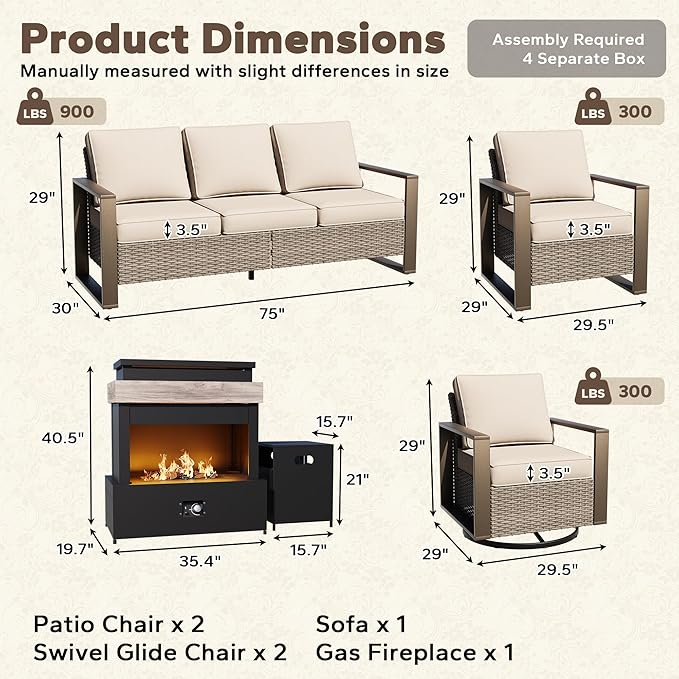 6 Pieces Wicker Patio 75" Sofa Set with 2 Armchairs, 2 Swivel Chairs, Fireplace, All Weather Rattan Outdoor Conversation Furniture Set with Metal Armrest & Removable Cushions for Deck, Beige