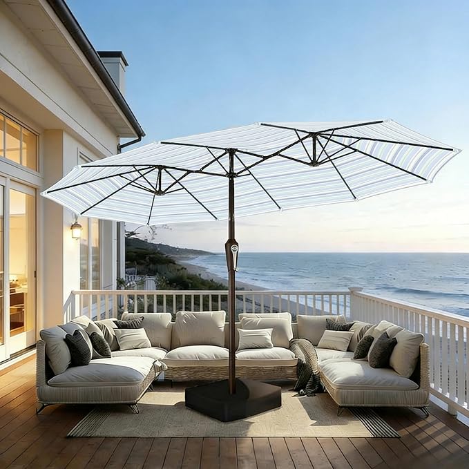 15FT Patio Umbrella with Solar Lights, Double-Sided Extra Large Outdoor Table Umbrella with Base Included, Heavy-Duty 12 Iron Ribs Market Umbrella for Garden, Pool, Backyard, Green Stripes