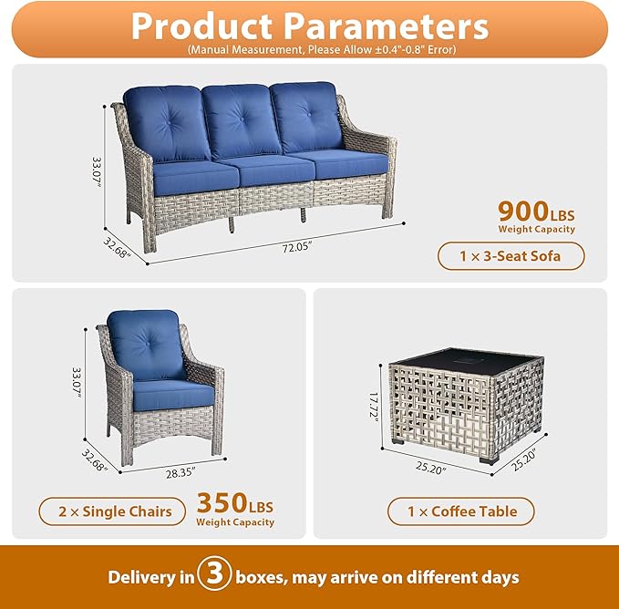 Outdoor Patio Furniture Sets, 4 PCS Patio Conversation Set Outside Rattan Sofa with Solar Light Coffee Table Comfy Cushions Fit Backyard Porch Garden Poolside Balcony,Navy Blue