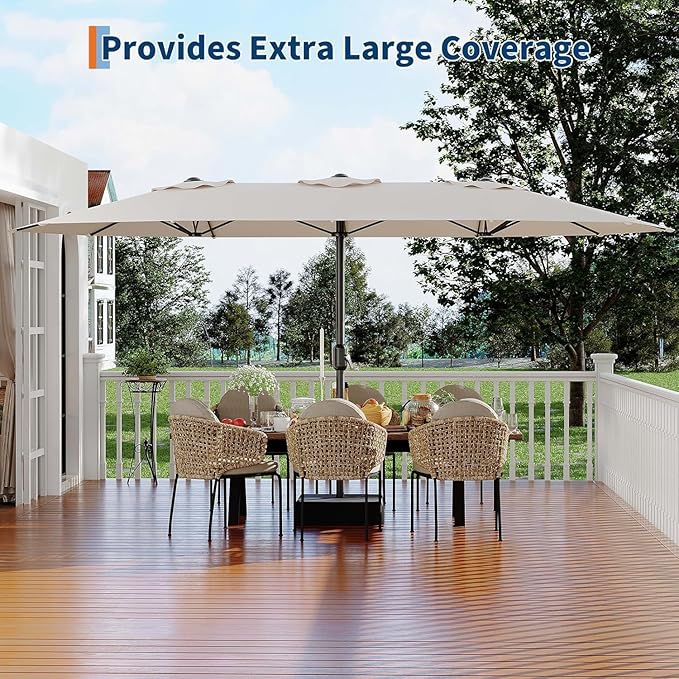 15FT Extra Large Double-Sided Patio Umbrella with Solar LED Lights – Heavy-Duty Rectangular Outdoor Market Umbrella, Fade-Resistant UV Canopy, Included Base for Backyard, Pool, Deck, Garden – Beige/Mist Blue