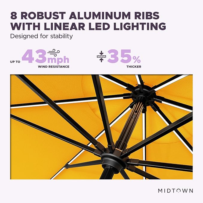 Midtown Umbrellas Led Swilt Sunbrella Umbrella 9 Ft Patio Umbrella With Sunbrella Yellow Acrylic Fabric - Deck Patio Umbrella, Backyard Umbrella, Garden Umbrella & Pool Umbrella - Black Pole