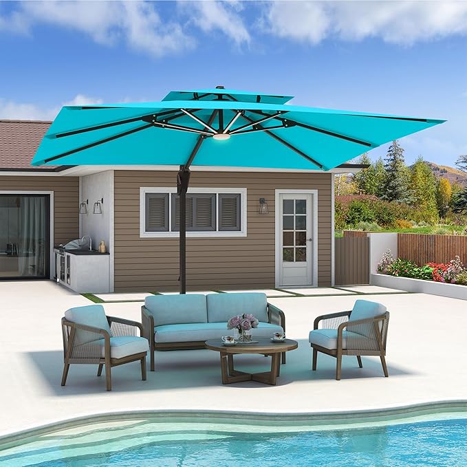 10x13 FT Cantilever Patio Umbrella with Base and Led Lights Double Top Outdoor Rectangular Large Heavy Duty Aluminum Offset Umbrellas with 7 Level Tilt 360-degree Rotation for Pool Garden Deck, Turquoise
