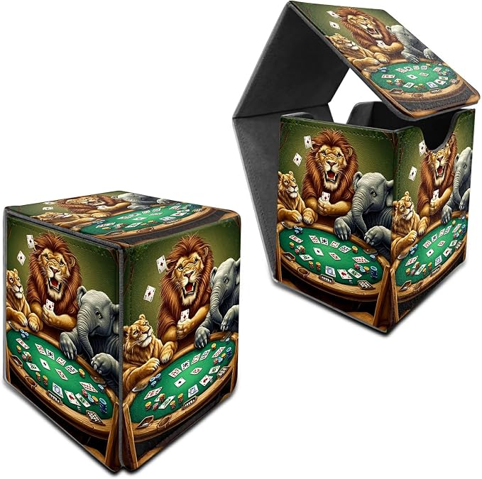 Deck Box for MTG, Cards Storage Box Fits 120+ Sleeved, Leather Medium Size Strong Magnetic Closing Card Case for Board Games Magic TCG CCG Baseball Collection, Elephant Lion