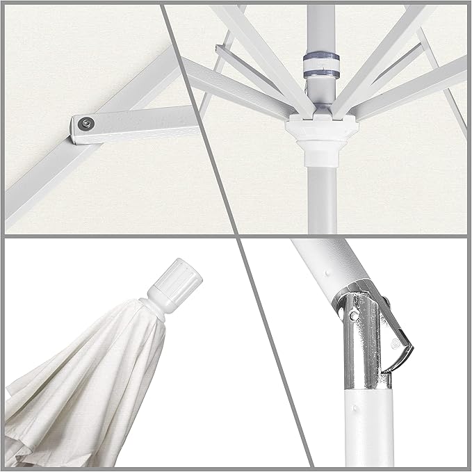California Umbrella 9' Round Aluminum Market Umbrella, Crank Lift, Collar Tilt, White Pole, Pacifica Pacific Blue
