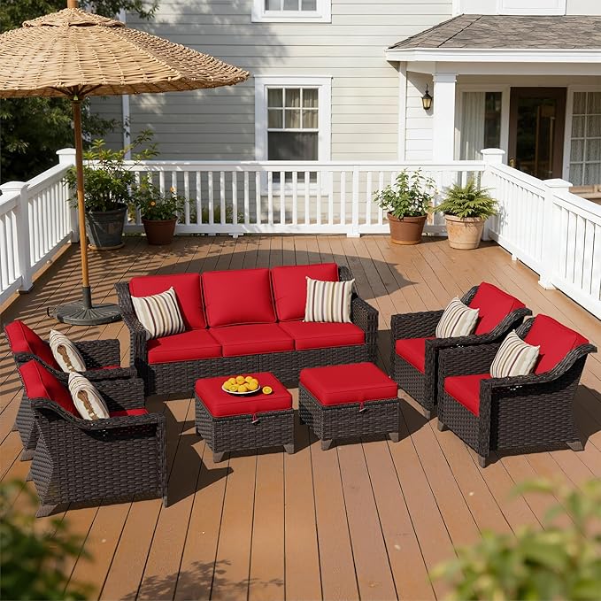 7 Pieces Patio Conversation Furniture Set - 1 Sofa, 2 Ottomans, 4 Armchairs, Outdoor Wicker Furniture with Removable Cushions for Porch, Balcony, Sunroom (Red)