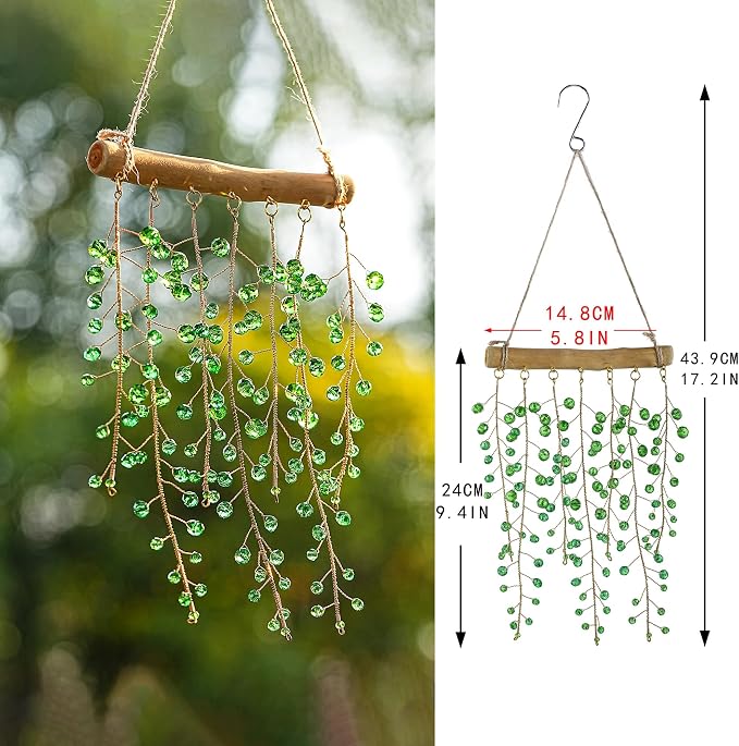H&D HYALINE & DORA 17.2 Inch Crystal Wind Chimes Suncatchers for Window Hanging Sun Catcher Making Rainbow Green Plants Artificial Crystal Prisms Wind Chime for Garden Home Wedding Decor