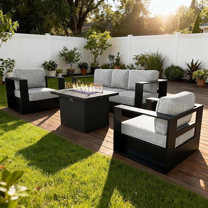 4 Pieces Patio Furniture Set with Fire Pit Table, Metal Modern Conversation Set with Deep Seating and Widened Aluminum Frame for Deck, Porch, Garden