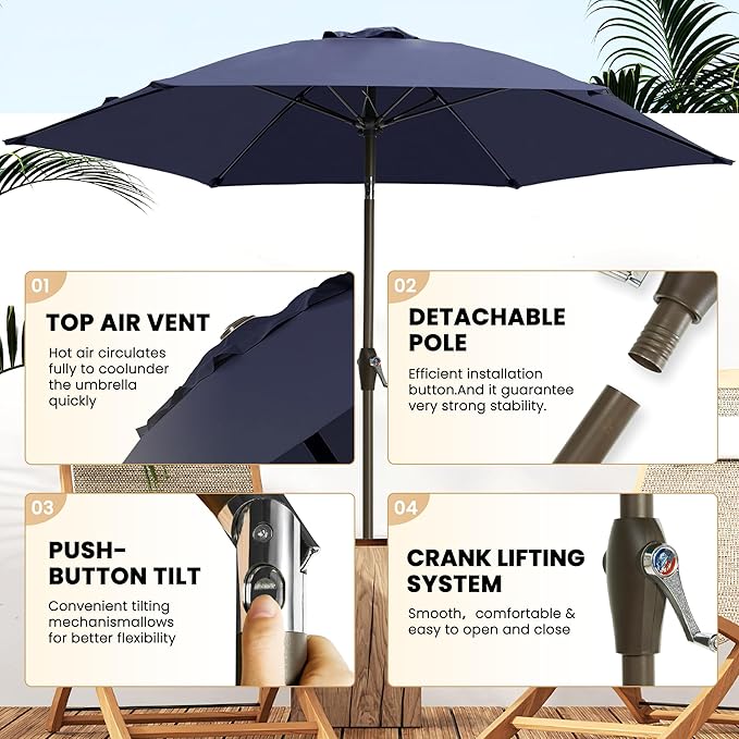 Ayge 7.5FT Large Outdoor Patio Umbrella Market Table Umbrella-UV Resistant, Easy Push Button Tilt and Crank, 6 Sturdy Fiberglass Ribs Heavy-Duty Pool Umbrella for Deck, Backyard,Garden, Yard,Navy