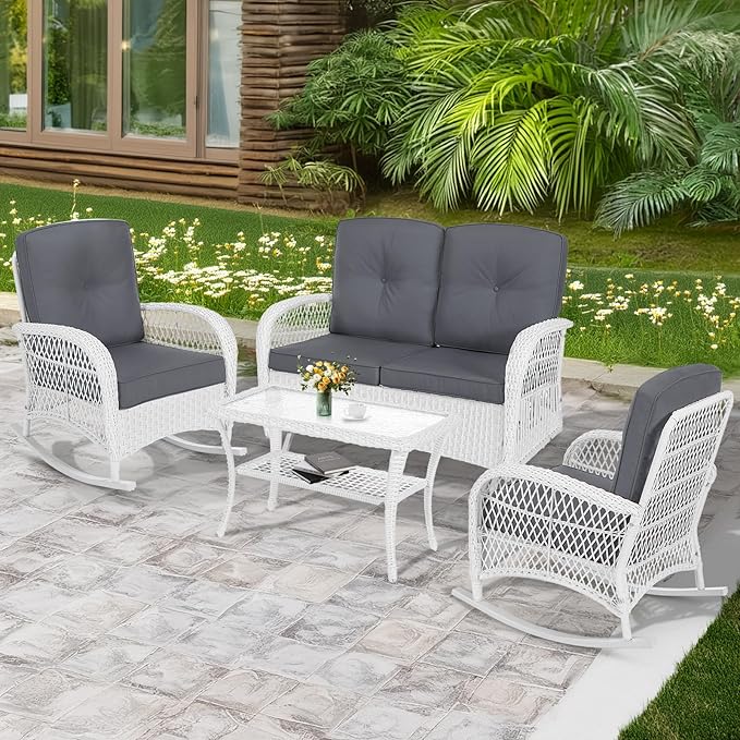 MEETWARM 4 Pieces Outdoor Wicker Patio Conversation Sets with Glider Loveseat, 2 Chairs with Coffee Table Wicker Rocking Chair Set, Patio Furniture Set with Thickened Cushions, White/Grey