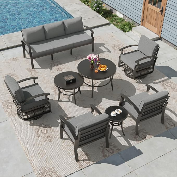 Aluminum Patio Furniture Set,7 Seats Outdoor Sectional with 2 Round Coffee Tables,Patio Conversation Sets w/5.1" Upgraded Thick Cushions for Backyard, Garden and Poolside,Grey