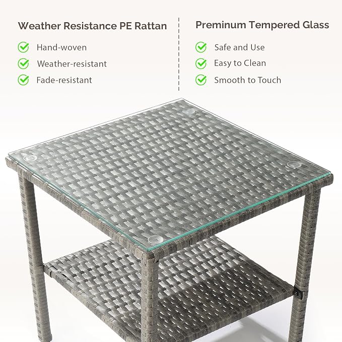 Outdoor Wicker Side Table,2-Layer Patio Rattan Garden Coffee End Square Table with Glass Top (Grey)