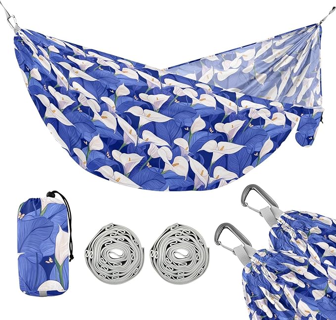 Safari Calla Lily Royal Blue White Outdoor Hammock with Tree Straps Rope Hammock for Outside Patio Backyard Poolside