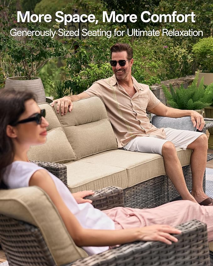 Luxury 3-Piece Patio Furniture Set with 6-Inch Thick Cushions, Outdoor Swivel Rocker Chairs and Table, Wicker Conversation Set for Porch, Deck, Balcony, Yard in Beige
