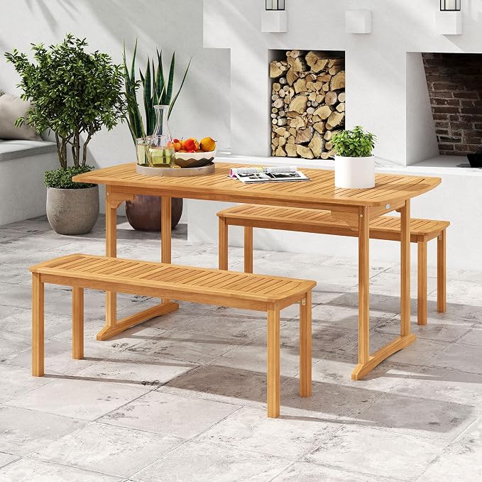 RELAX4LIFE 63’’ Wooden Outdoor Dining Table - Acacia Wood Rectangular Patio Table for 4-6 People w/Umbrella Hole & Slatted Tabletop, Farmhouse Furniture for Pool Backyard Garden Porch (U-Shaped Leg)