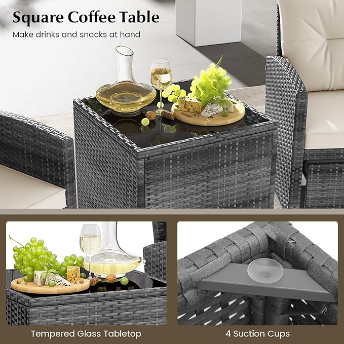 Tangkula 5 Pieces Patio Conversation Set, PE Wicker Rattan Outdoor Furniture Set with 2 Chairs, 2 Ottomans & Tempered Glass Coffee Table, Ideal for Poolside, Backyard, Lawn, Deck, Mix Grey & Off White