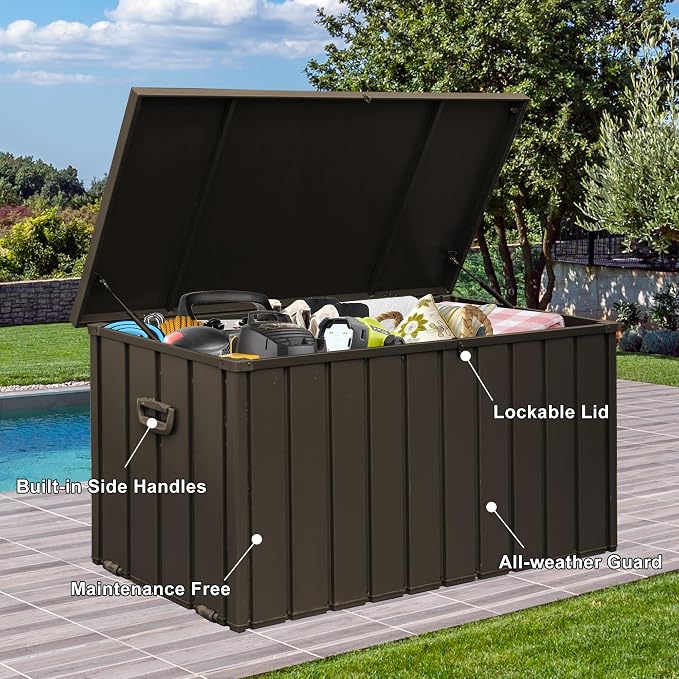 Domi 150 Gallon Deck Box Outdoor Storage Box, Lockable Storage Cabinet Deck Box Outdoor Waterproof, Large Metal Storage Bin for Patio Furniture Cushions Garden Tools Pool-Supplies, Brown