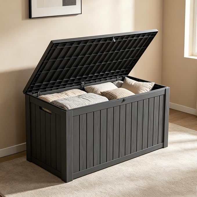LAUSAINT HOME 180 Gallon Resin Deck Box for Outdoor Storage, XXL Waterproof Patio Storage Bench with 1200lb Weight Capacity, Large Lockable Toy Box for Porch, Poolside and Backyard (Black)