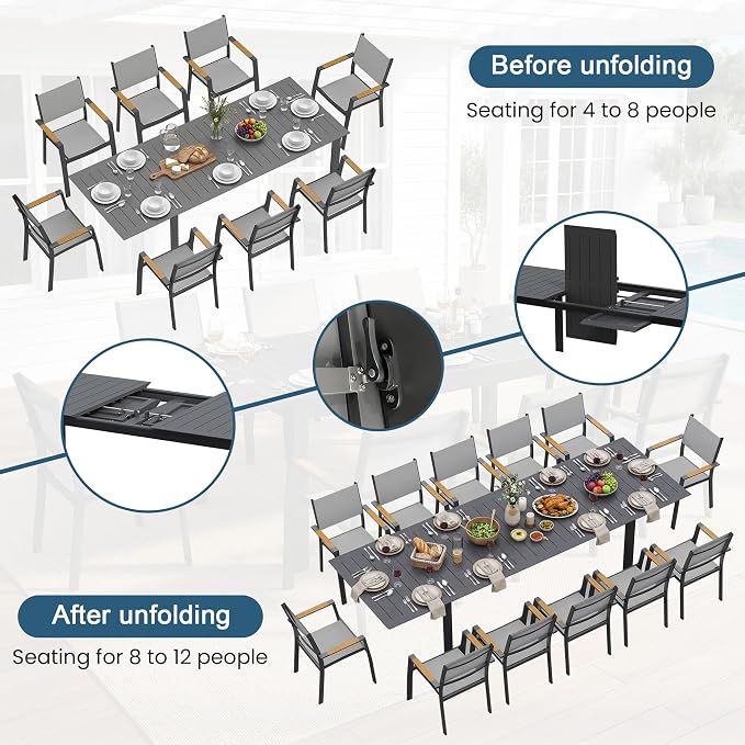 RoyalCraft Aluminum Outdoor Patio Table and Chairs Set with 121" L -81" L Expandable Dining Table, 13-Pieces Patio Furniture Set for 12, Outdoor Dining Set with Stackable Quick Drying Chairs, Grey