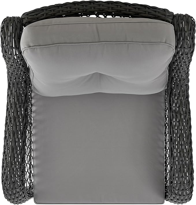 Manhattan Comfort Fruttuo 3-Piece Patio Conversation Set, Swivel Steel Rattan Chairs with Removable Cushions & Tempered Glass End Table, Weather-Resistant Outdoor Furniture for Backyard & Porch, Grey