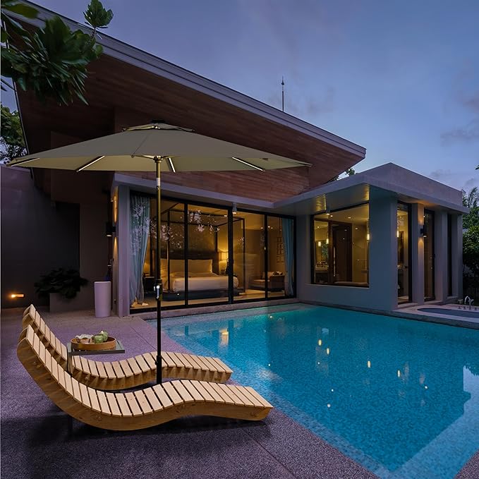 Midtown Umbrellas The LED Swilt 10 Feet Patio Umbrella With Terylast Charcoal Grey Polyester Fabric - Auto-Tilt Aluminum Frame With LED Lights For Backyard, Deck, Garden, Pool - Black Pole