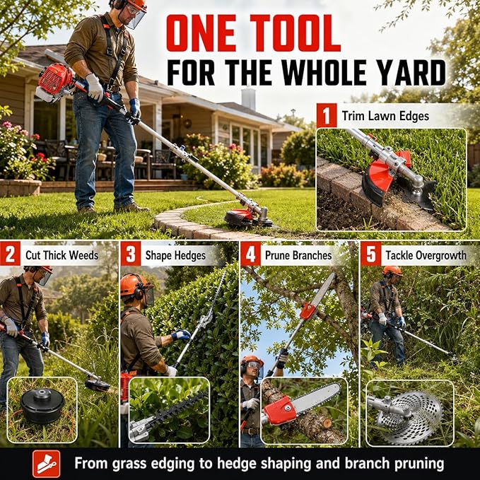 5 in 1 Weed Eater Gas Powered, 52CC 2 Stroke Hegde Trimmer, Weed Wacker,String Trimmer, Heavy Duty Brush Cutter, Pole Saw with Extension Pole, Multi Functional Trimming Tools for Lawn Care