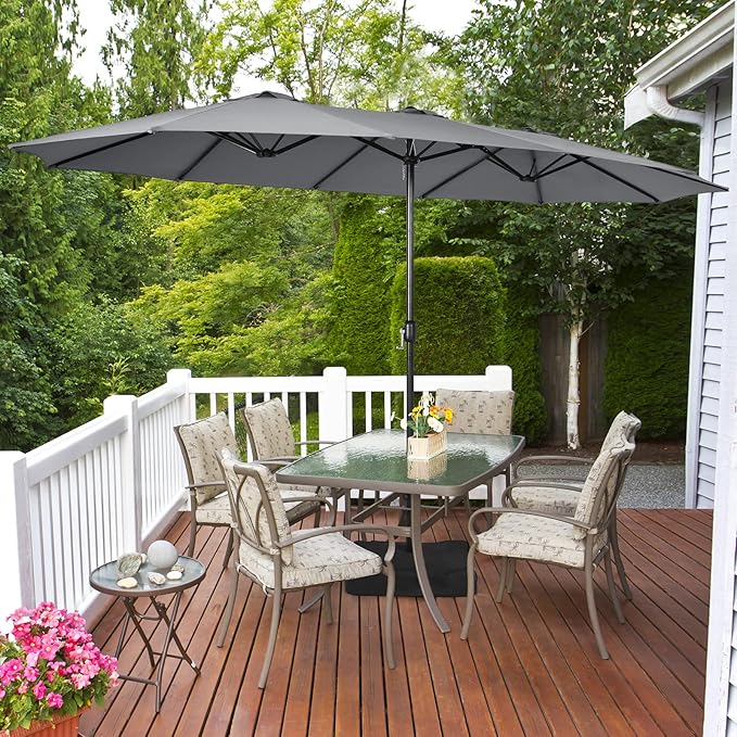 Tangkula 15FT Double-Sided Patio Umbrella with Base, Extra-Large Market Umbrella W/Crank System, Outdoor Twin Umbrella W/ 12-Rib Metal Structure & Air Vents for Garden, Backyard, Poolside (Gray)