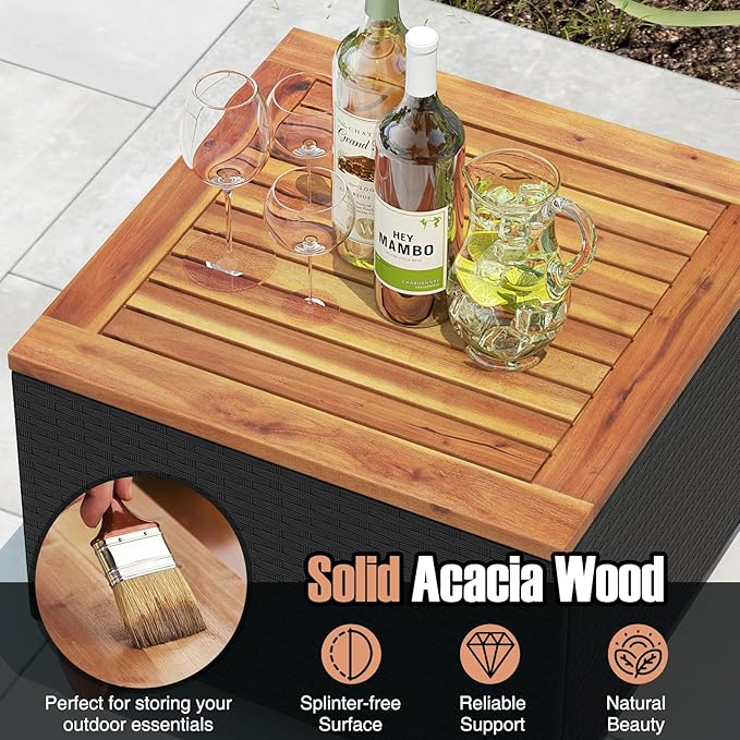 HAPPYGRILL 3 Pieces Patio Conversation Set with Storage Coffee Table, Outdoor PE Rattan Wicker Furniture Set with Cushions, Acacia Wood Patio Furniture Set for Balcony Backyard Porch Garden