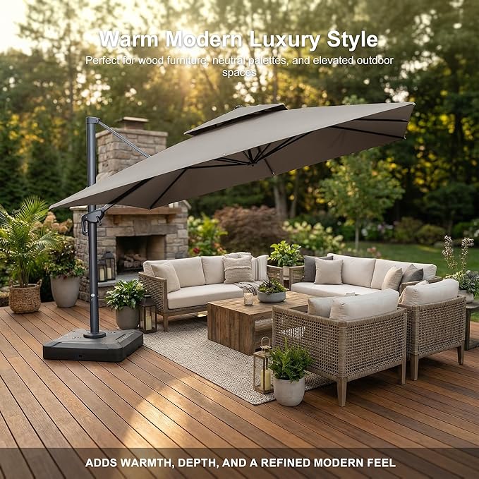 PURPLE LEAF 10' x 13' Cantilever Patio Umbrella Outdoor Umbrella with 330lbs Base Large Rectangular Windproof Offset Umbrella for Pool Deck Garden, Ash Mocha