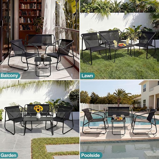 DUMOS 4 Piece Patio Furniture Set，Outdoor Patio Furniture Conversation Set with Table, Patio Sectional Bistro Sets for Lawn, Garden, Balcony, Poolside (Black)
