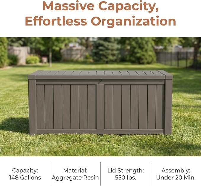 148 Gallon Resin Deck Box - Outdoor Storage Chest for Patio Furniture Cushions, Garden Tools, Pool Accessories & Backyard Organization Lockable Waterproof All-Weather Wood Grain Design, Easy Assembly