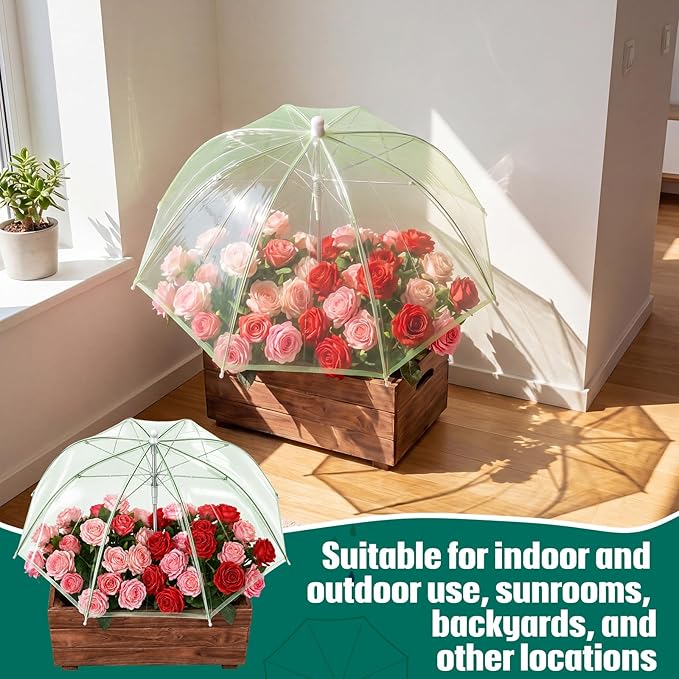 Abbylike 4 Pcs Plant Umbrella Transparent Garden Plant Umbrellas Adjustable Height Waterproof Portable Greenhouse Umbrella for Small Plants Potted Plants Garden Flower Beds (25 Inch,Green)