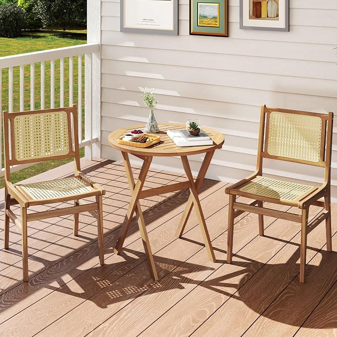 Tangkula 26-Inch Acacia Wood Outdoor Dining Table Set of 2, Folding Patio Round Dining Table with Slatted Tabletop & X-Shaped Frame, for Porch, Garden, Backyard, Poolside (2)