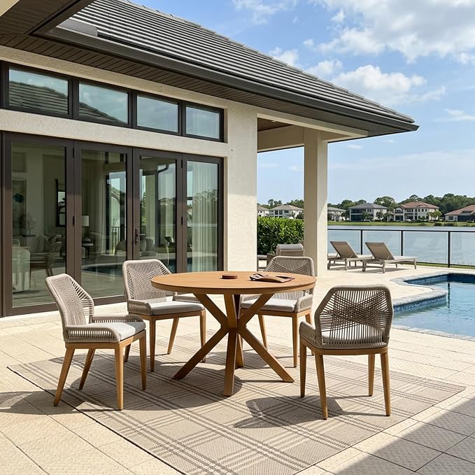 PURPLE LEAF 5 Pieces Round Dining Set Patio Aluminum Modern Oversize Round Table and Wicker Chairs with Cushions for Kitchen Porch Garden Outdoor Furniture Sets, Teak