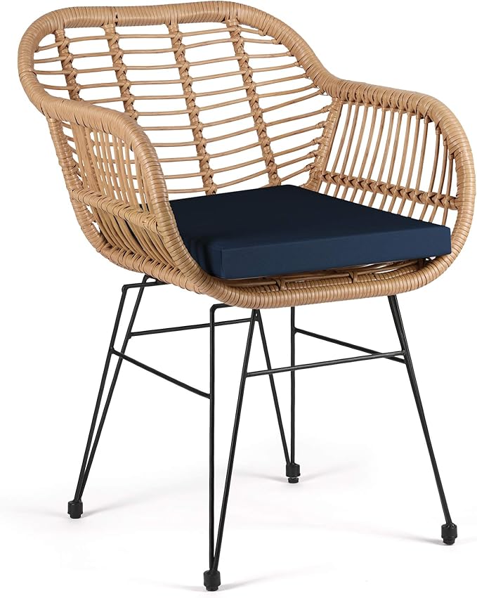 WestinTrends 3 Pc Furniture Wicker Rattan Patio Conversation Seating Chair Set with Cushions and Table for Indoor Outdoor, Balcony, Porch, Garden, Pool, Deck, Lounge, Navy