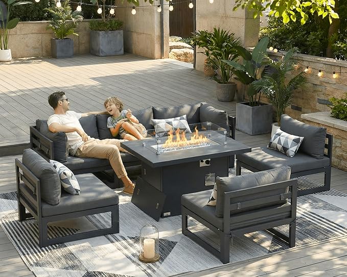 NICESOUL 7 Piece Modern Aluminum Outdoor Furniture Set with Fire Pit Propane/Gas, 29 inch Deep Wide Seat, All Weather Patio Conversation Set, L Shaped Modular Sectional Sofa for Backyard, Dark Gray