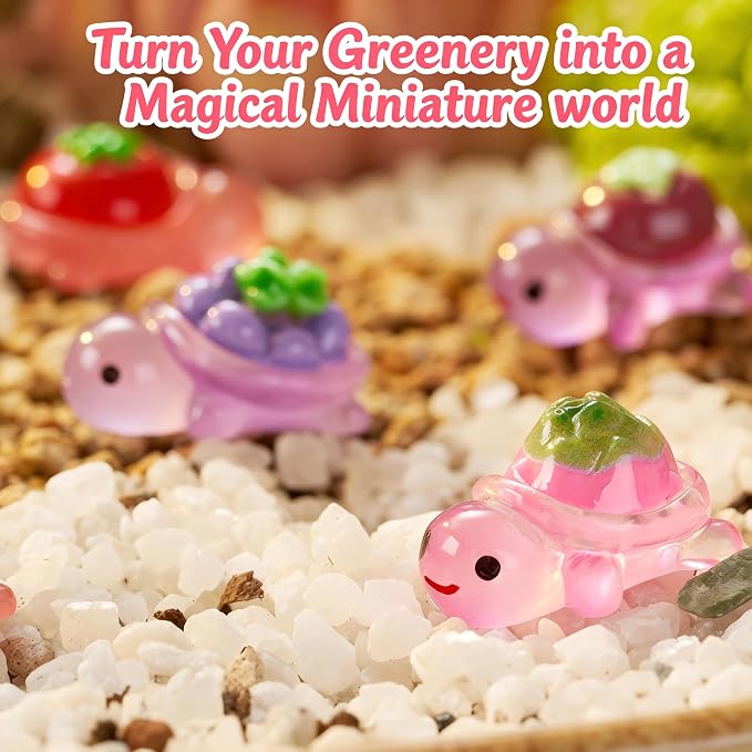 60Pcs Mini Resin Turtles, Tiny Sea Animals Figures, Small Luminous Bulk Glow in the Dark, Stylized Turtles Fruits & Veggies on the Back for Crafts Micro Landscaping Tank Fairy Garden Decor