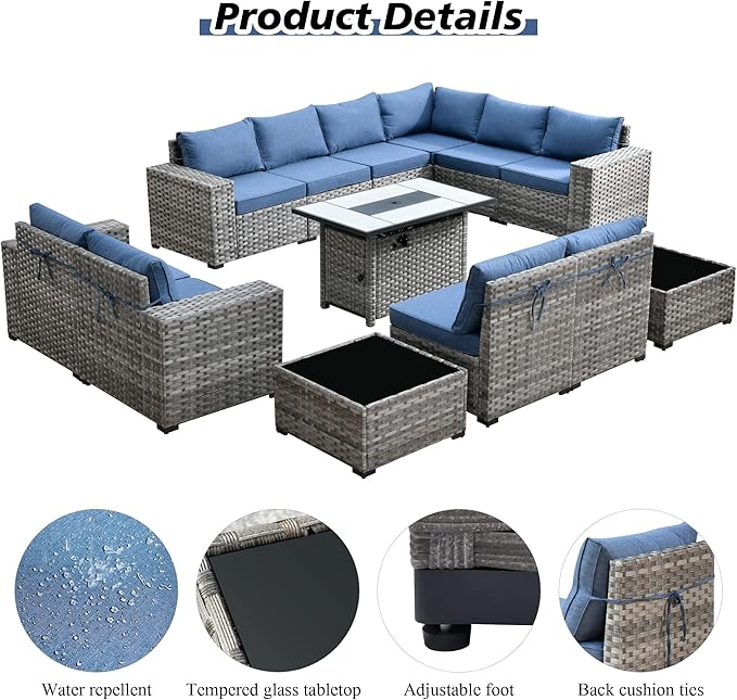 HOOOWOOO Outdoor Patio Sectional Furniture Sofa Set with Propane Fire Pit Table,13 Piece Large Modern Wicker Couch with Widened Armrest,Modular L Shaped Conversation Seating Set(Denim Blue)