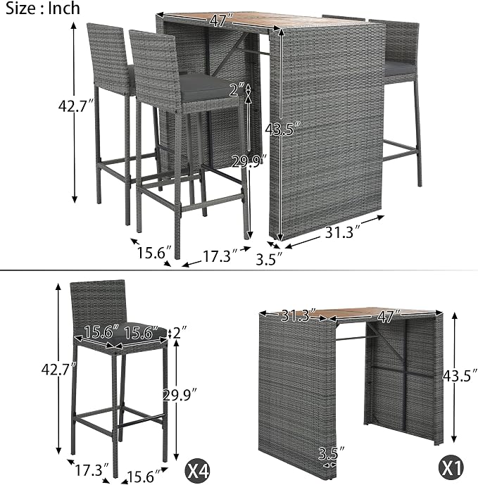 VilroCaz 5-Pieces Outdoor Patio Rattan Counter Height Dining Set, All-Weather Wicker Bar Table Set Conversation Set, Acacia Wood Table Top, Bar Height Chairs with Removable Cushion