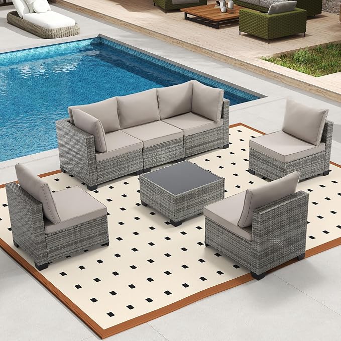 Bonzy Home 7 Pieces Outdoor Patio Furniture Set, PE Rattan Outdoor Sectional Furniture Sofa Set with Removable Cover and Glass Coffee Table, Patio Sofa for Balcony, Porch, Garden, (Grey-Grey)