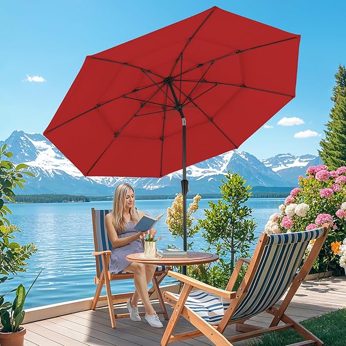 ONBRILL 10 FT Patio Umbrella, 3 Tier Outdoor Table Umbrella with 8 Sturdy Glass Fiber Ribs and Push Button Tilt, Outdoor Patio Umbrellas for Market Pool Garden Backyard, 1.5" Pole, Red (No Base)