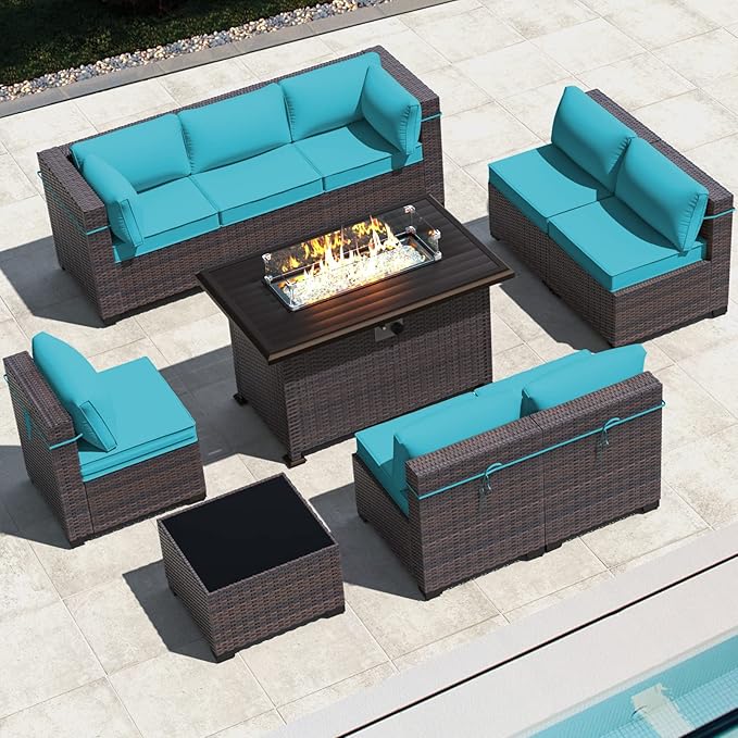 Outdoor Patio Furniture Set with Gas Fire Pit Table, 10 Pieces Outdoor Furniture Set Patio Sectional Sofa w/43in Propane Fire Pit, PE Wicker Rattan Patio Conversation Sets -Blue.
