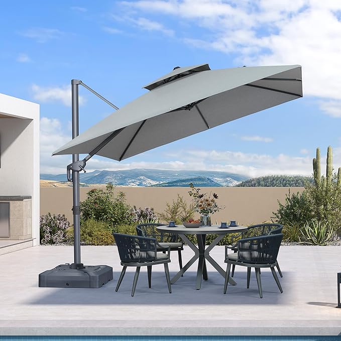 PURPLE LEAF 10 FT Cantilever Patio Umbrella Outdoor Umbrella with 220lbs Base Large Square Windproof Offset Umbrella for Pool Deck Garden, Pebble Grey