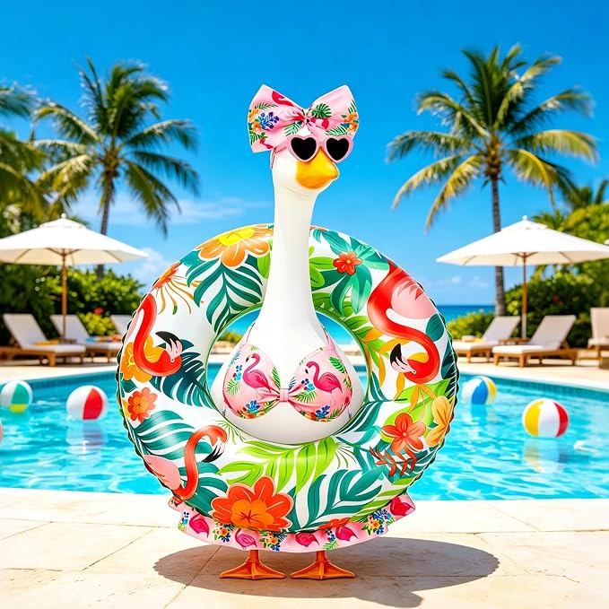 23 in Porch Goose Summer Outfit Bikini, Hawaiian Porch Goose Swimsuit Clothes Costume Accessories with Bow Glasses Swim Ring for 23" Summer Goose Garden Patio Statue Decor (Flamingos)