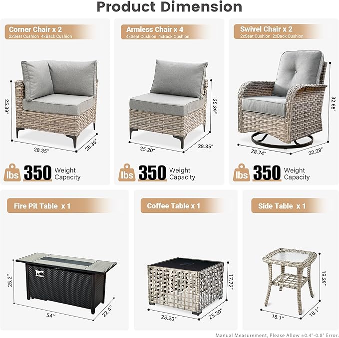 Outdoor Patio Furniture Sets,11 PCS Patio Conversation Set Outside Rattan Sectional Sofa with 54 in Fire Pit Table Wicker Rocking Chair Coffee Table Fit Backyard Porch Garden Poolside Balcony