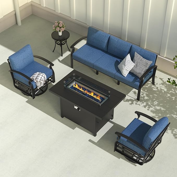 Aluminum Outdoor Patio Furniture Set,5 Pieces 5 Seats Metal Patio Sectional Furniture Set,Patio Conversation Sets with 45" Propane Fire Pit Table,Swivel Rocking Chairs Set,Navy Blue
