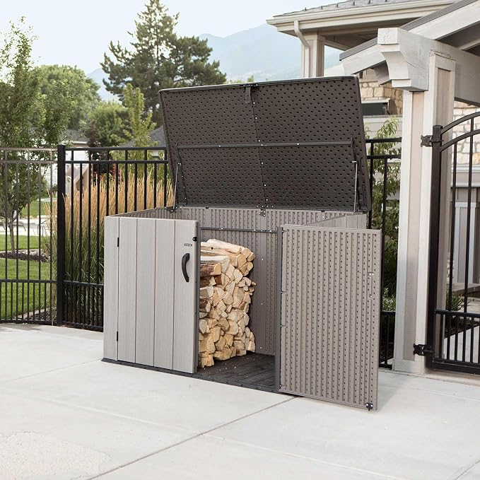 LIFETIME Horizontal Outdoor Storage Shed, Weather Resistant Resin Storage Can Fit Two Large Garbage Cans, Lockable Doors, Spring‑Hinge Lid, Low‑Maintenance Backyard Utility Shed
