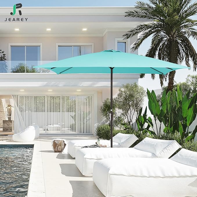JEAREY 8x10 ft Rectangular Patio Umbrellas Outdoor Table Market Umbrella w/Crank, 8 Sturdy Ribs, UV Protection Windproof Sunproof for Garden, Deck, Backyard, Pool(Teal Blue)