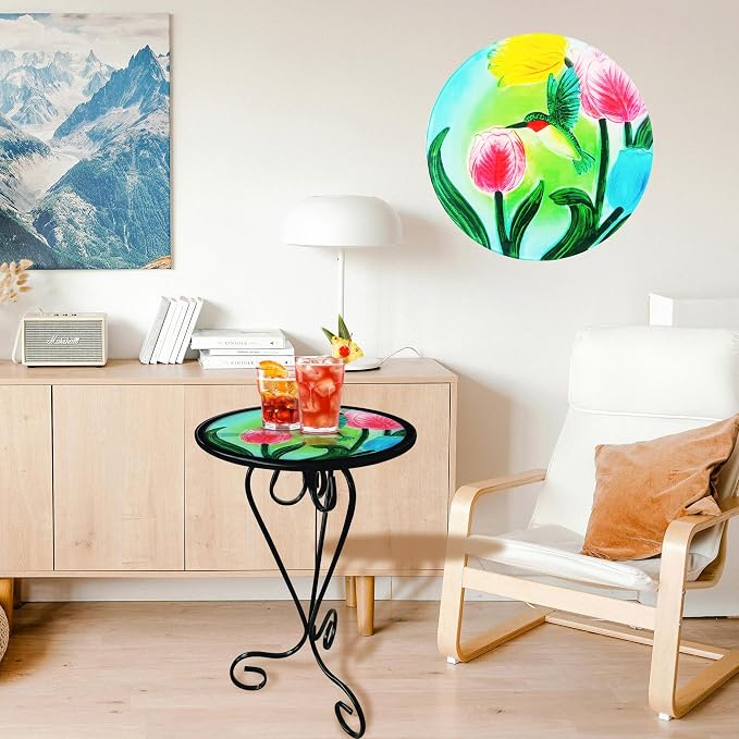 Tulip Hummingbird Side Table with Glass Top & Metal Base Furniture Decor | Manortang; 12 Inch; Side Table; Glass Top & Metal Base; Living Room Decor; handicrafts; Indoor & Outdoor; Great gift choice