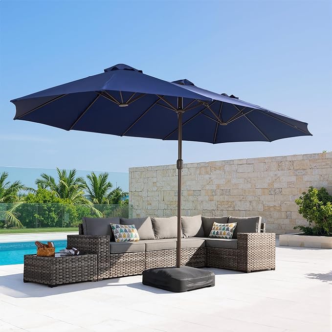 15Ft Patio Umbrella - Large Beach Umbrella W 12 Sturdy Ribs,UPF50 Outdoor Table Umbrella,Picnic Market Umbrella W Base Crank Handle for Pool,Yard,Garden