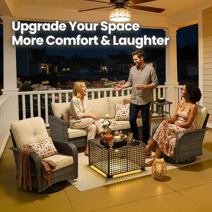 5 Piece Wicker Patio Furniture with Swivel Rocker Chair, Beige | High Back Swivel Rocker Chairs, All Weather Rattan Outdoor Sofa, Solar Lights Table, Modern Conversation Sets, Deck Backyard